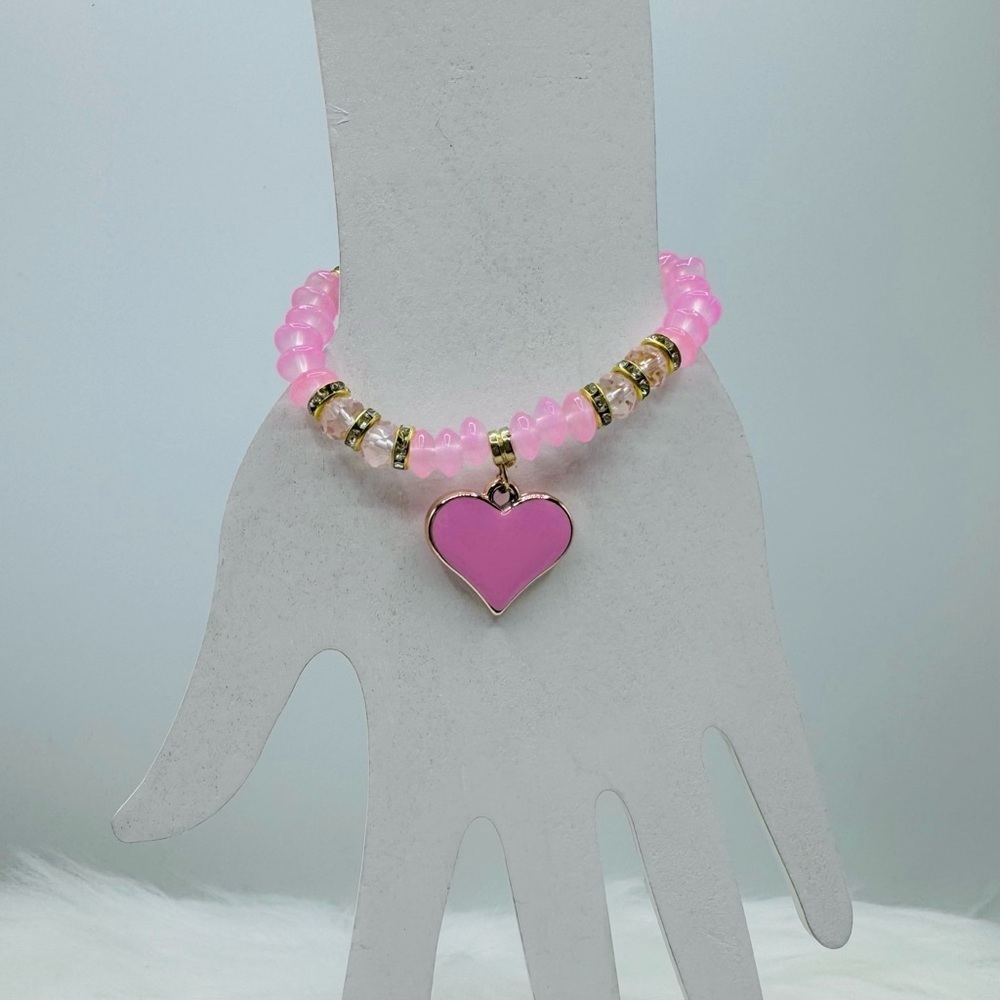 Pink Beaded Bracelet Heart Pendant Bracelet
